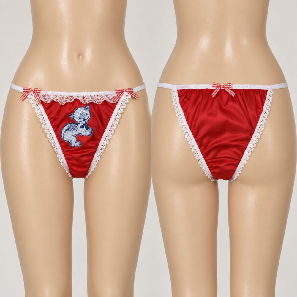 Red Satin Cat Lace Panties Size Small Lingerie